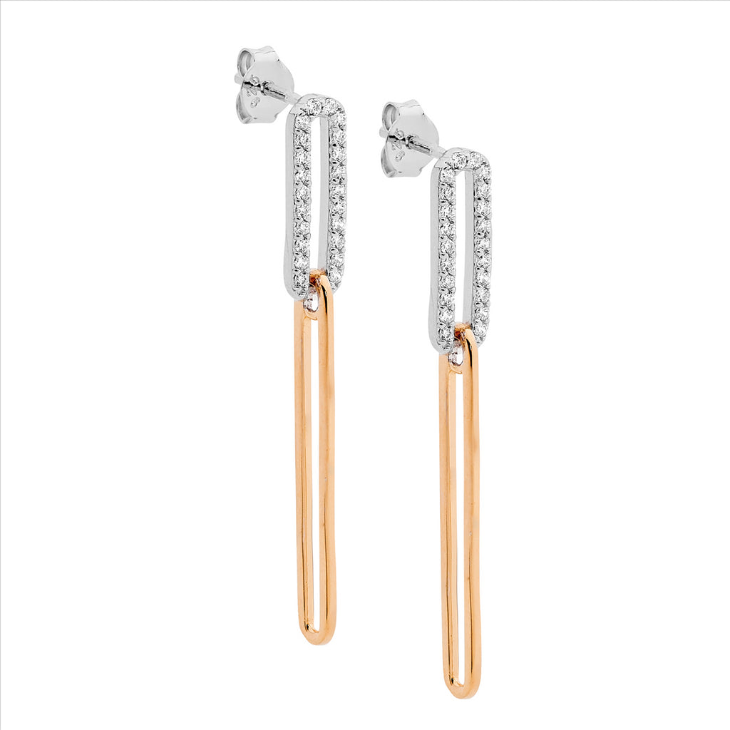 Ellani Rose Gold Plated Open Oval Link Drop Earrings With Cz