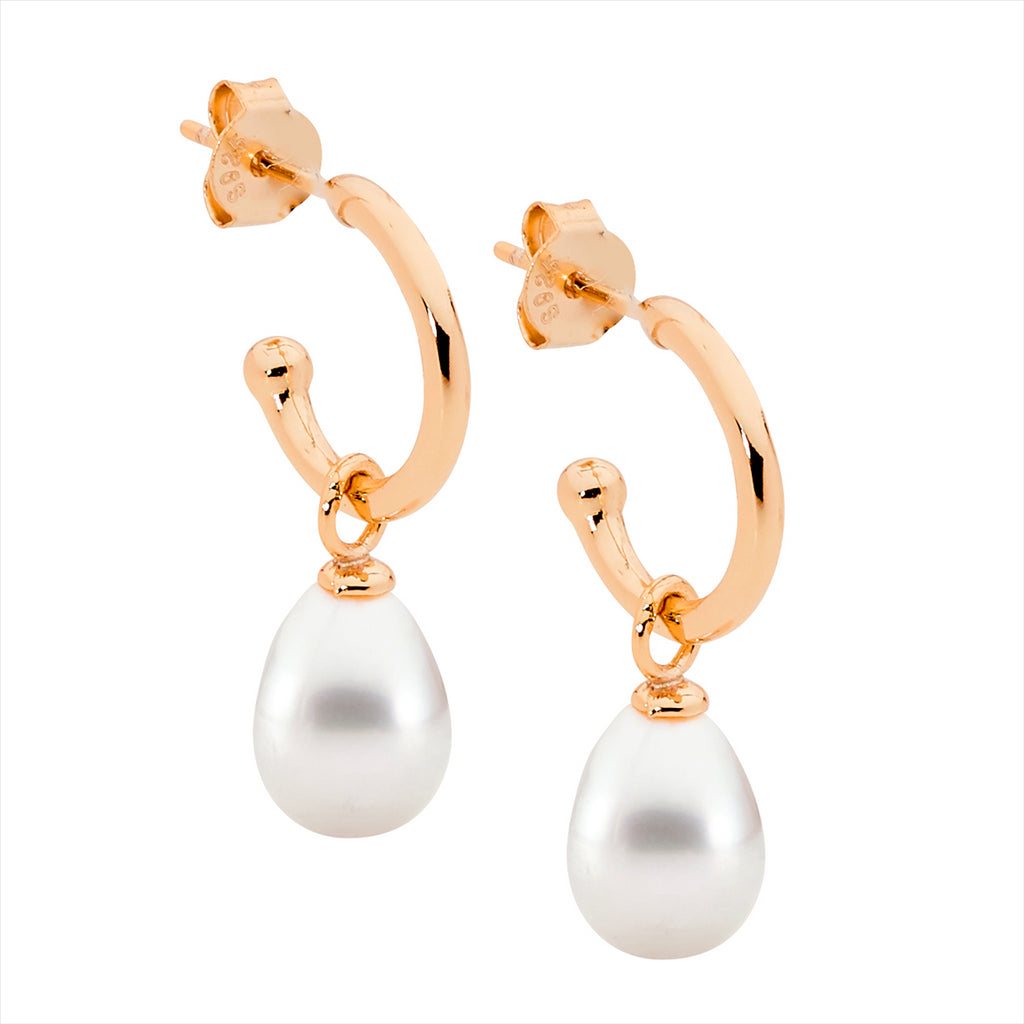 Ellani Rose Gold Plated Hoop Earrings With Freshwater Pearl Drop