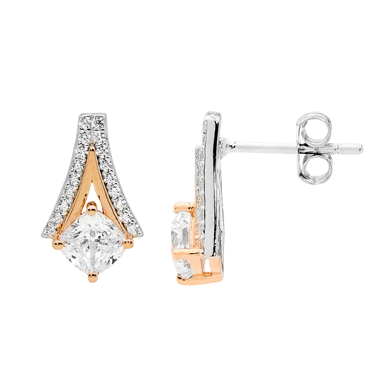 Ellani Drop V Silver And Rose Gold Plated Earrings