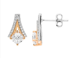 Ellani Drop V Silver And Rose Gold Plated Earrings