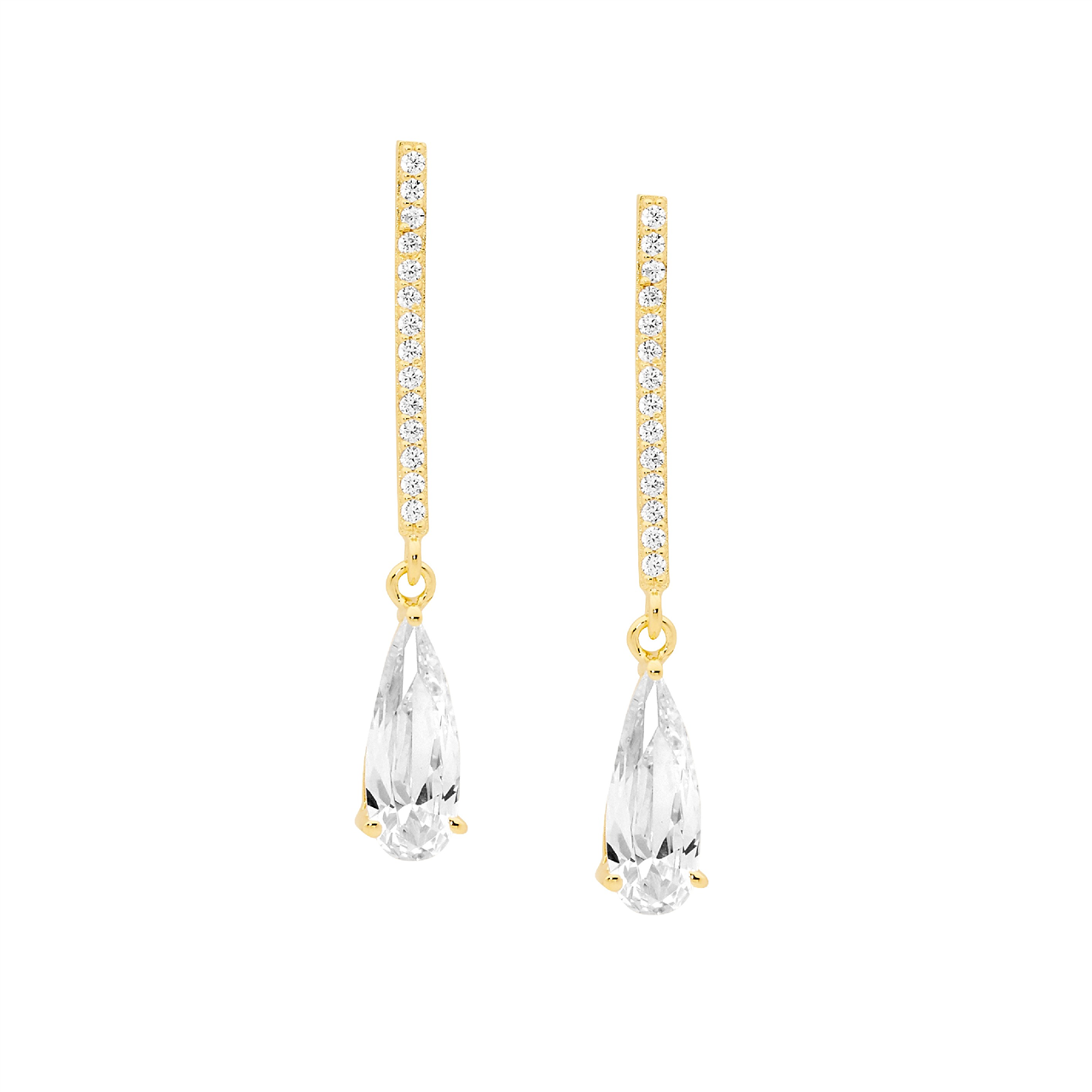 Ellani Gold Plated Drop Bar, Long Tear Earrings With Clear Cz