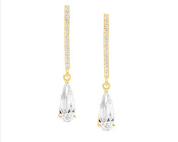 Ellani Gold Plated Drop Bar, Long Tear Earrings With Clear Cz