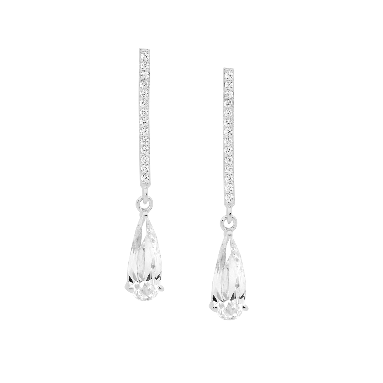 Ellani Sterling Silver Drop Bar, Long Tear Earrings With Clear Cz