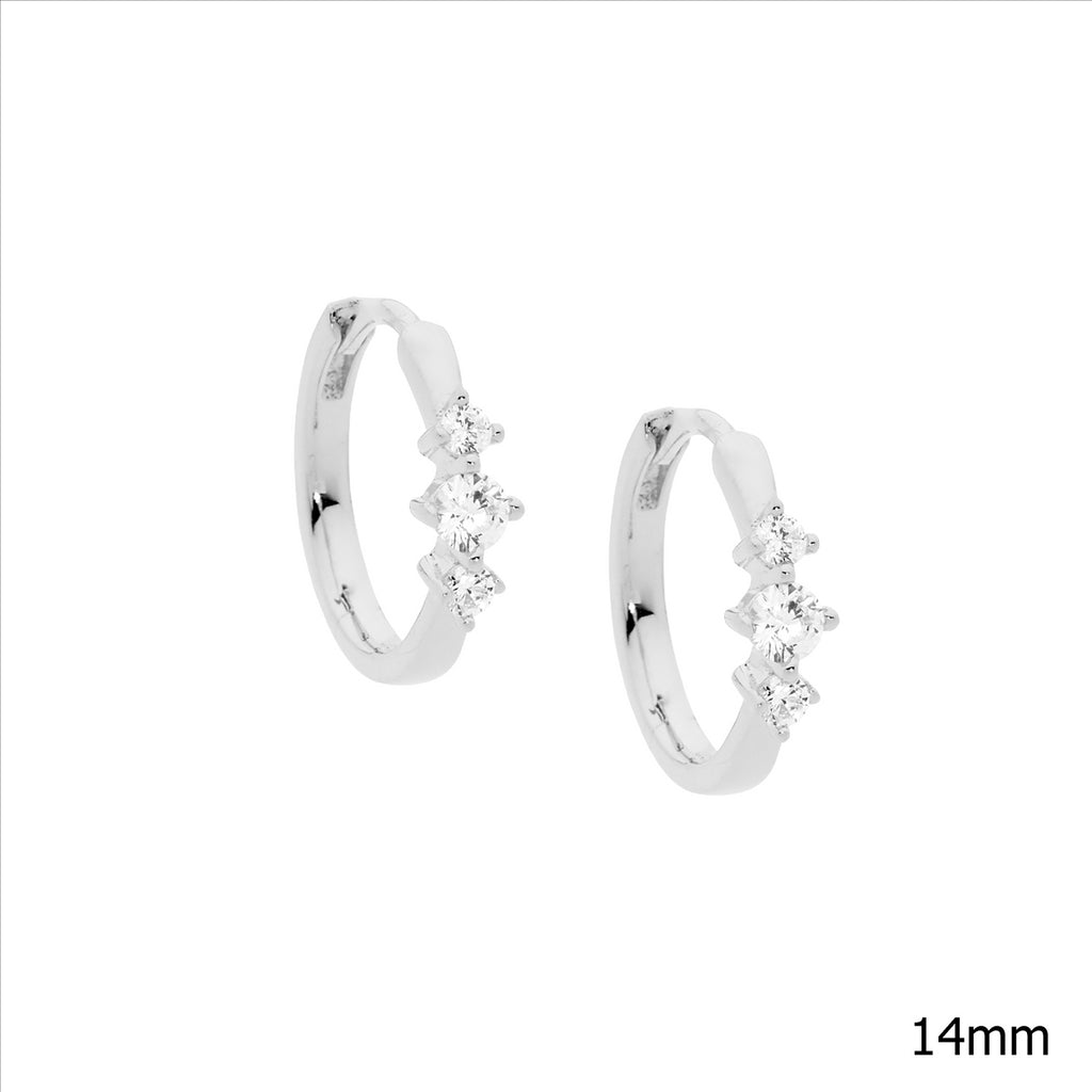 Ellani Sterling Silver 3 Stone Cz Hoop Earrings