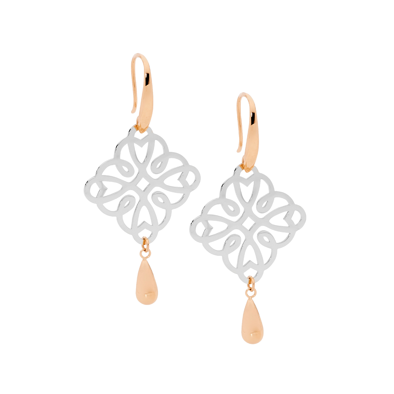 Ellani Sterling Silver And Rose Gold Plated Filigree Sqaure Drop Tear Earrings