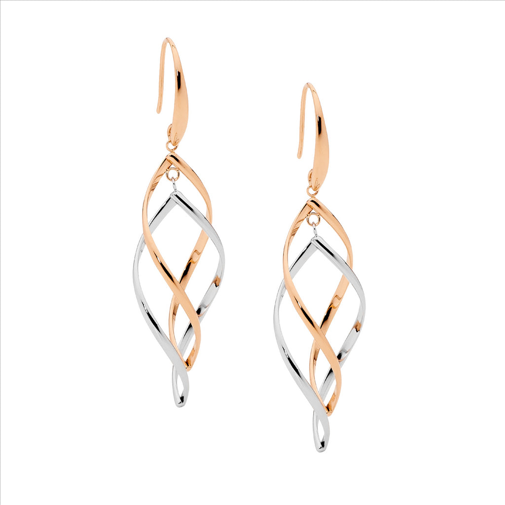 Ellani Sterling Silver And Rose Gold Plated Double Twist Drop Earrings