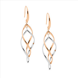 Ellani Sterling Silver And Rose Gold Plated Double Twist Drop Earrings