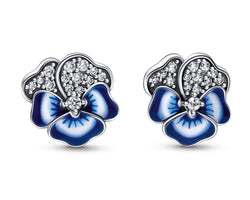 Pansy Sterling Silver Stud Earrings With Clear Cubic Zirconia And Shaded Blue And White Enamel