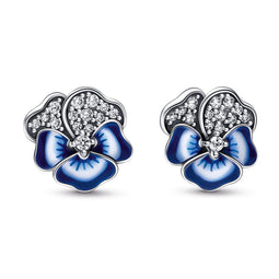 Pansy Sterling Silver Stud Earrings With Clear Cubic Zirconia And Shaded Blue And White Enamel