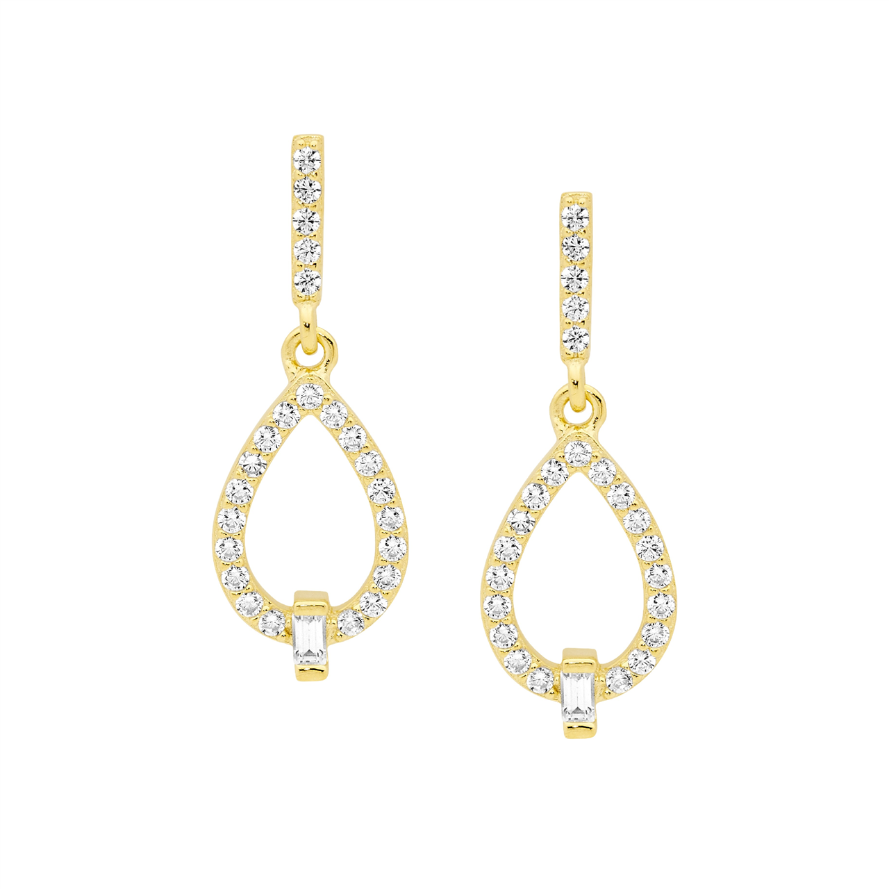 Ss Wh Cz Open Tear Drop Earrings W/ Baguette & Gold Plating