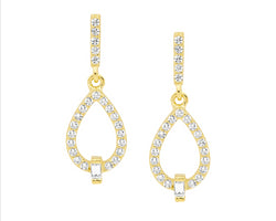 Ss Wh Cz Open Tear Drop Earrings W/ Baguette & Gold Plating