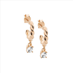 Sterling Silver 13Mm Twist Hoop Earrings, Wh Cz Claw Set Drop W/Rose Gold Plating