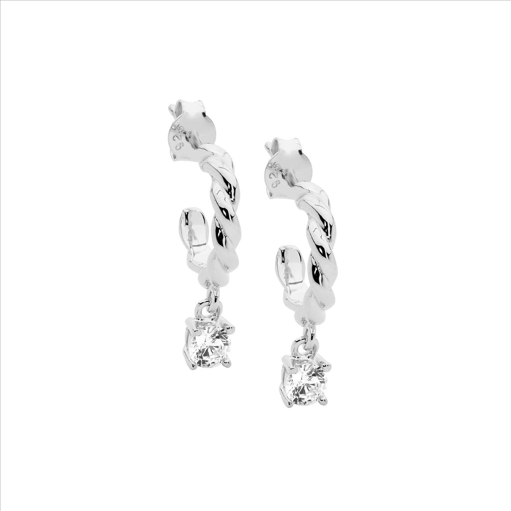 Ss 13Mm Twist Hoop Earrings, Wh Cz Claw Set Drop