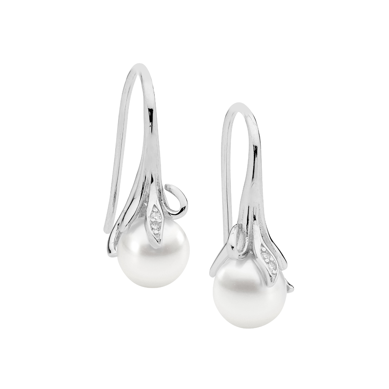 Ss Wh Cz W/ Freshwater Pearl Earrings On Shepherds Hook