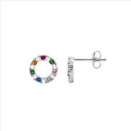 Ss Wh & Multi Colour Cz 9Mm Open Circle Earrings