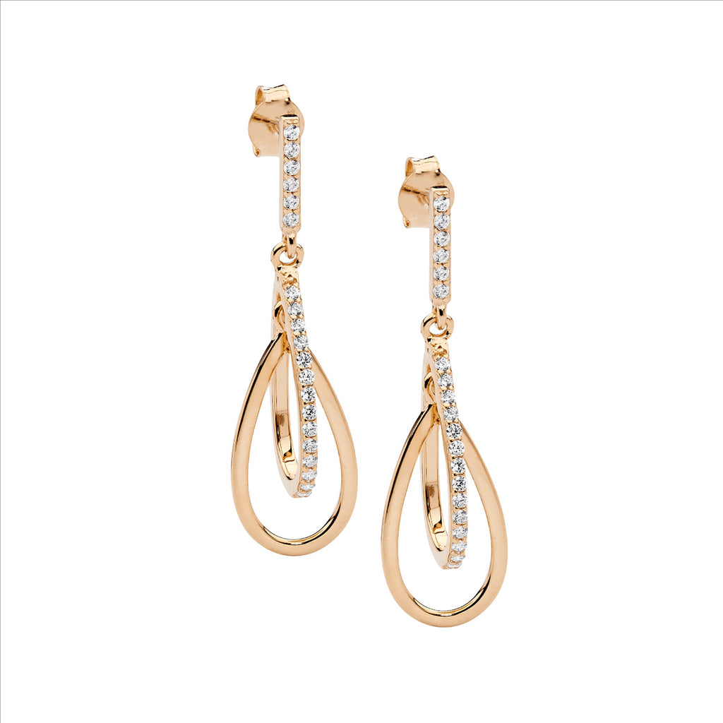 Ss Wh Cz Double Open Tear Drop Earrings W/Rose Gold Plating