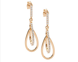 Ss Wh Cz Double Open Tear Drop Earrings W/Rose Gold Plating