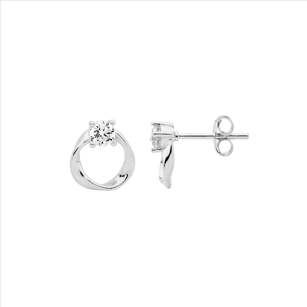 Sterling silver 9Mm Open Circle Twist Earrings W/ 1 X Wh Cz