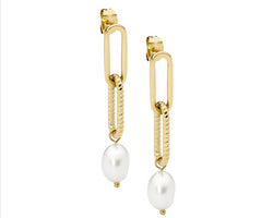 Stainless Steel Paperclip Earrings W/ Freshwater Pearl & Gold Ip Plating