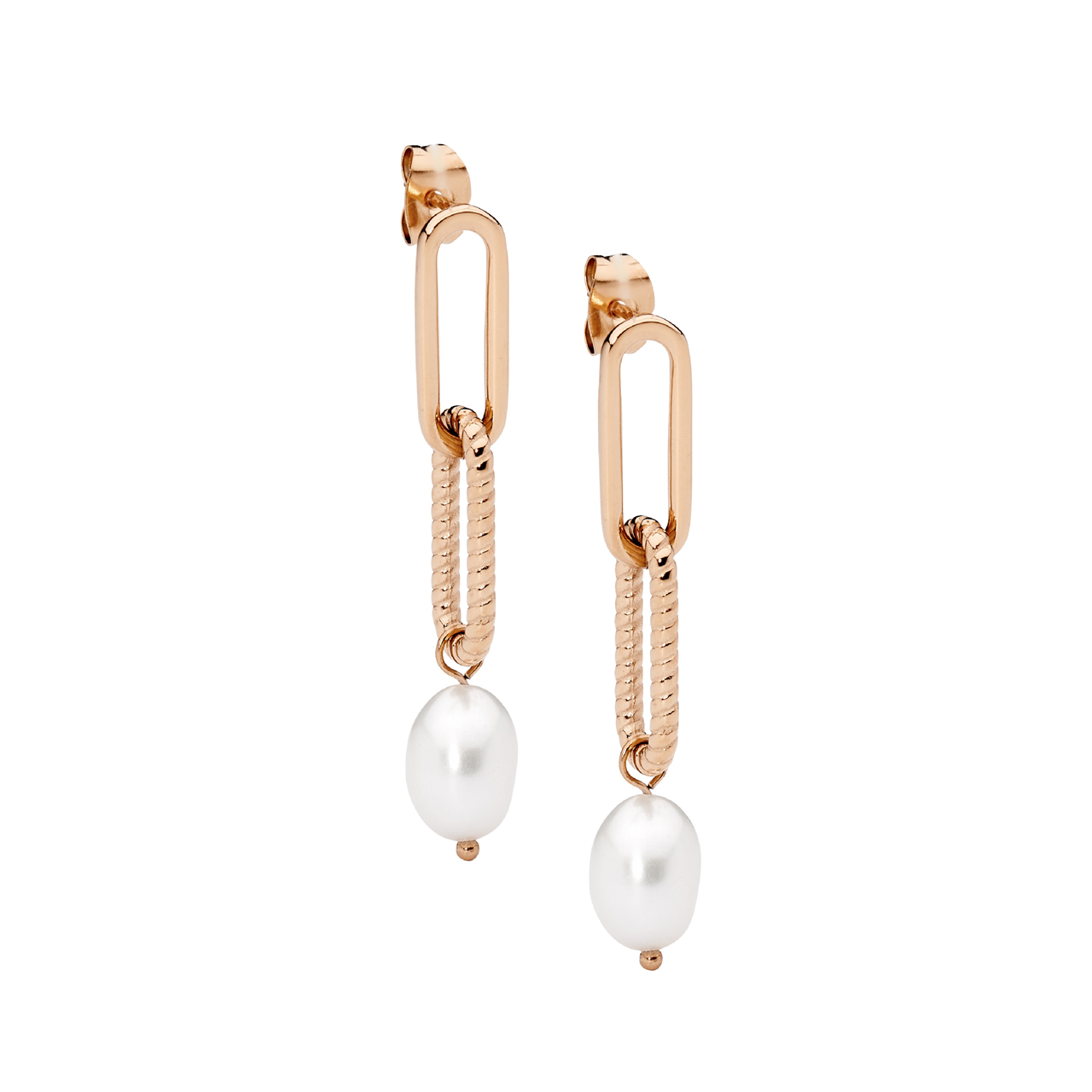 Stainless Steel Paperclip Earrings W/ Freshwater Pearl & Rose Gold Ip Plating