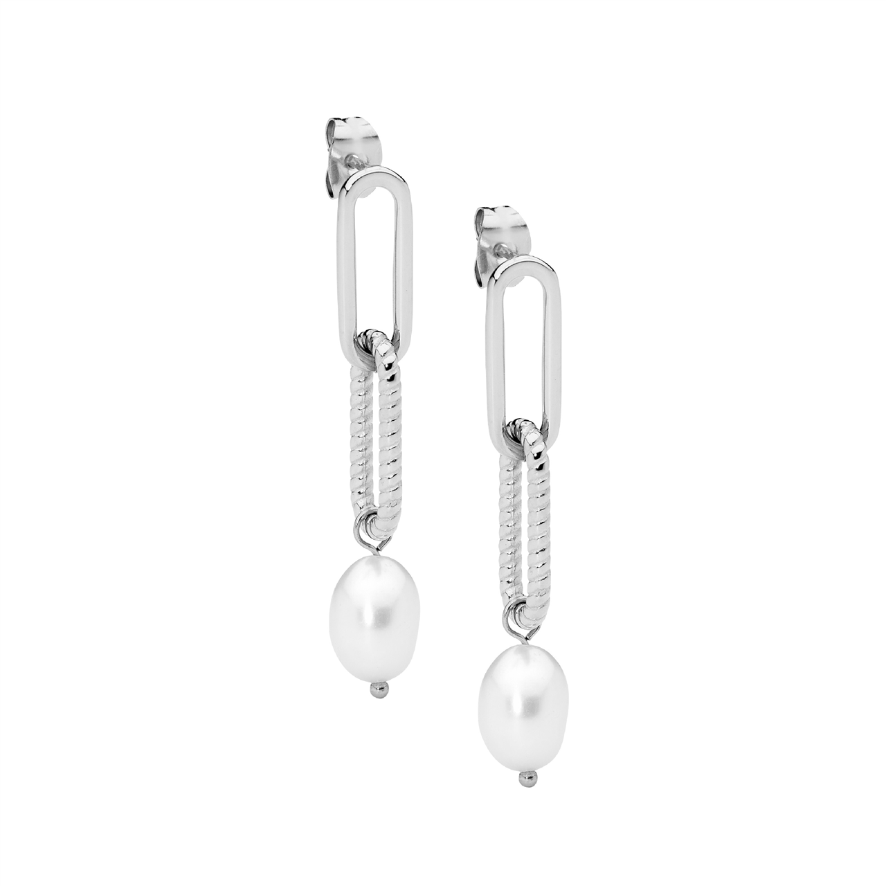 Stainless Steel Paperclip Earrings W/ Freshwater Pearl