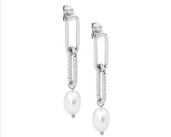 Stainless Steel Paperclip Earrings W/ Freshwater Pearl