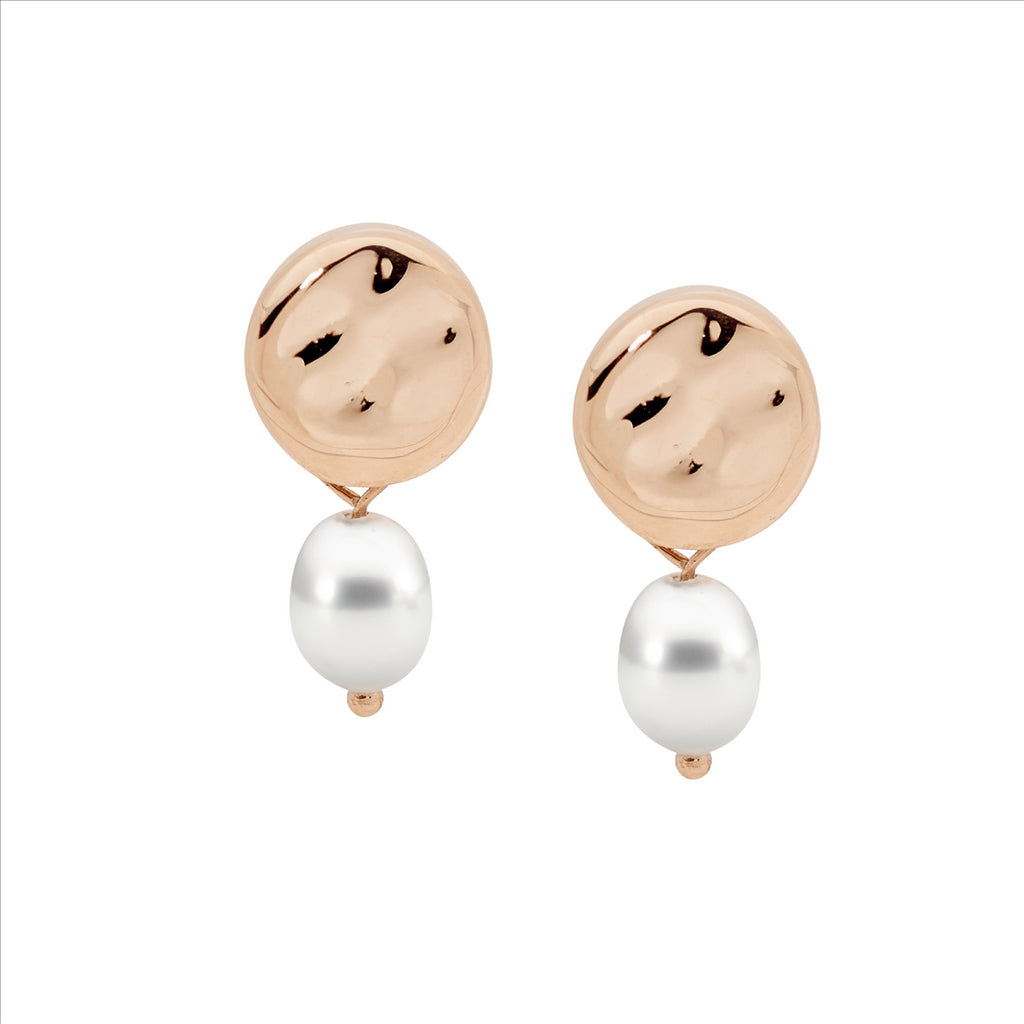 Stainless Steel Disk Earrings W/ Freshwater Pearl & Rose Gold Ip Plating