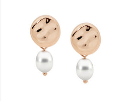 Stainless Steel Disk Earrings W/ Freshwater Pearl & Rose Gold Ip Plating