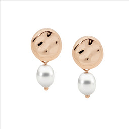 Stainless Steel Disk Earrings W/ Freshwater Pearl & Rose Gold Ip Plating