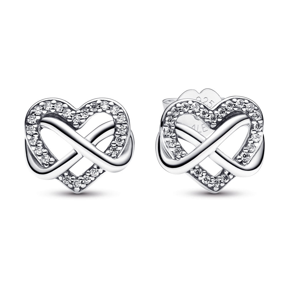 Infinity Heart Sterling Silver Stud Earrings With Clear Cubic Zirconia