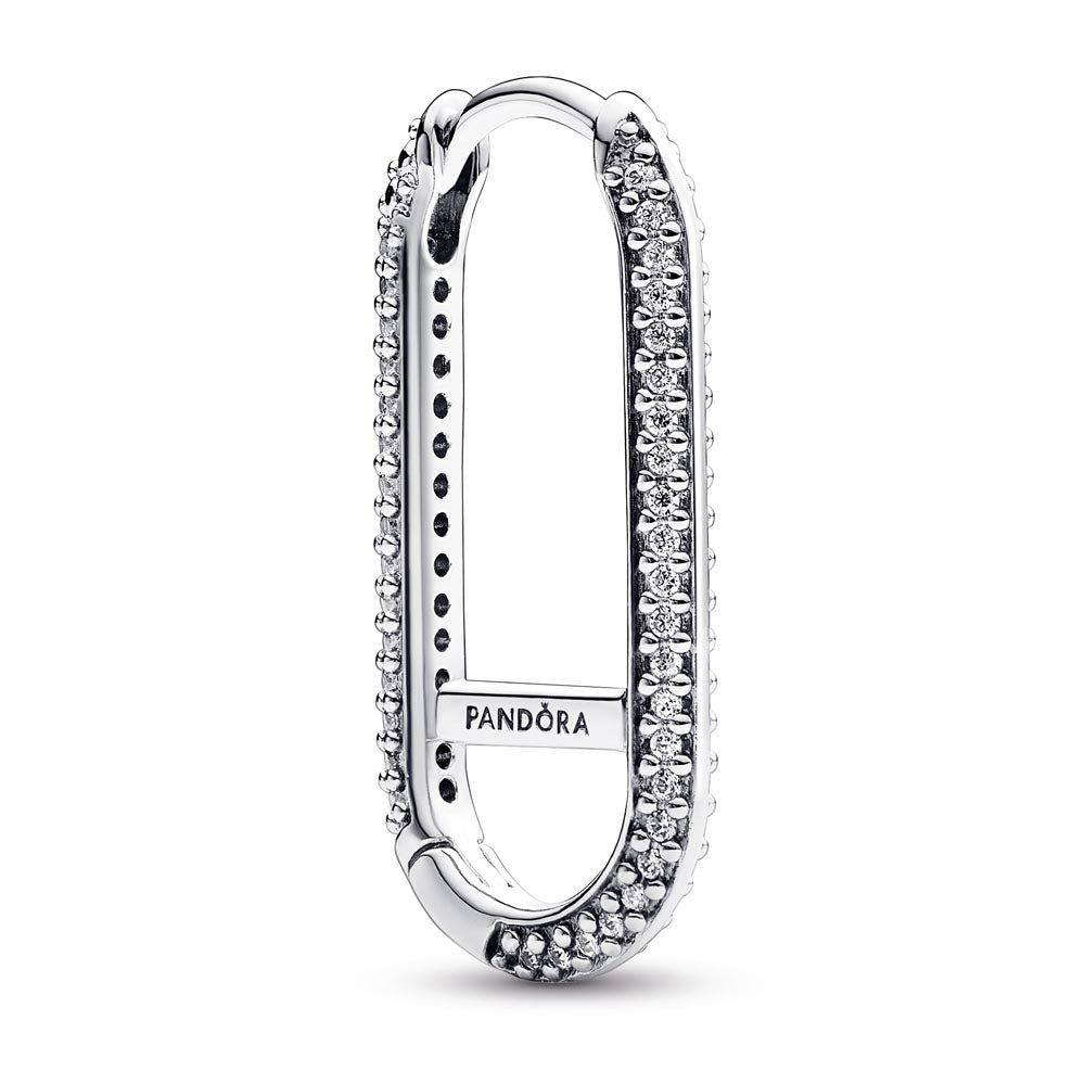 Sterling Silver Elongated Hoop Link Earring With Clear Cubic Zirconia