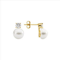 SS 4mm claw set wh cz, 8.5mm freshwater pearl earrings w/ gold plating