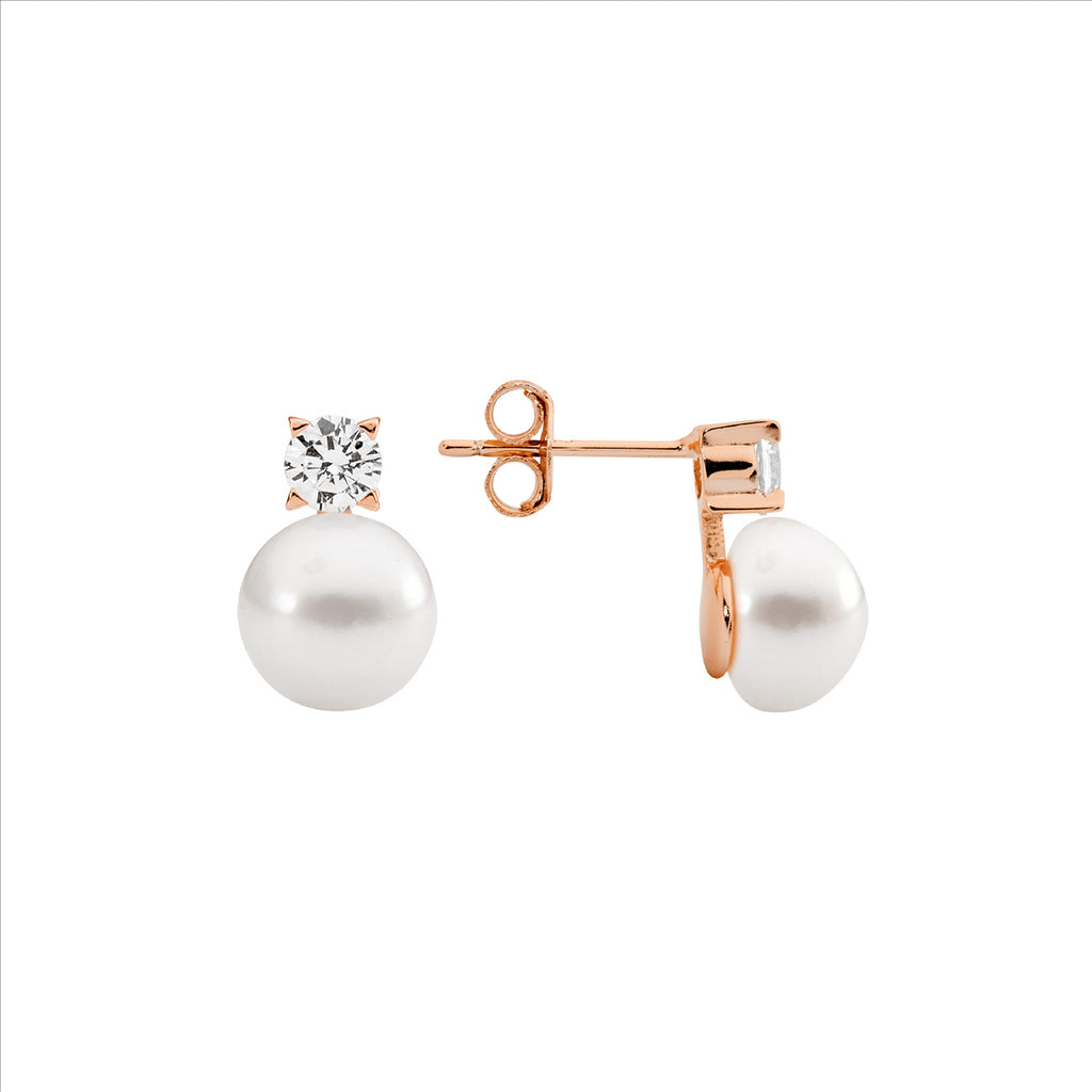 Ss 4Mm Claw Set Wh Cz, 8.5Mm Freshwater Pearl Earrings W/ Rose Gold Plating