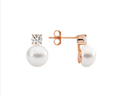 Ss 4Mm Claw Set Wh Cz, 8.5Mm Freshwater Pearl Earrings W/ Rose Gold Plating