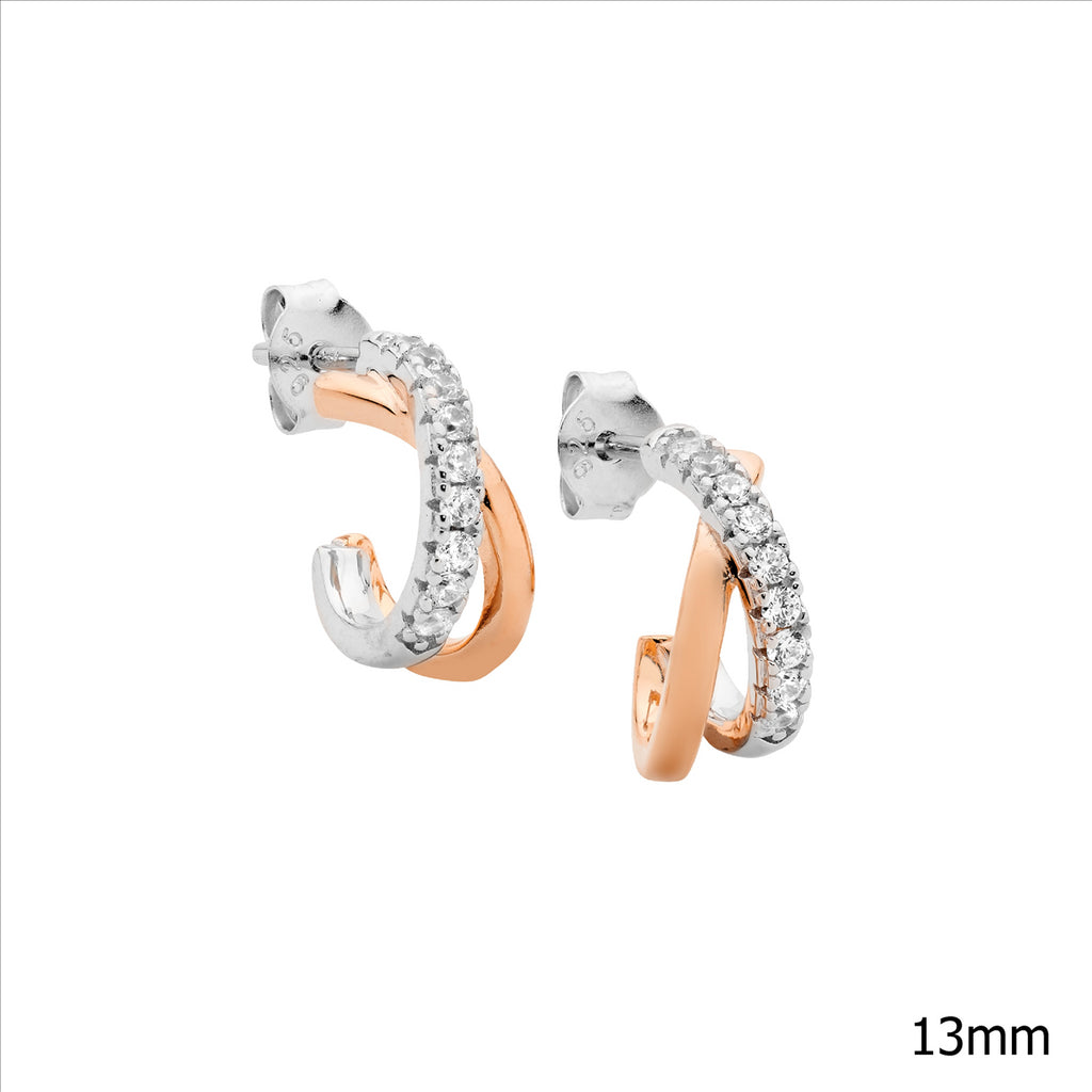 Ss 13Mm Cross Over Hoop Earrings, 1X Wh Cz 1X Rose Gold Plating