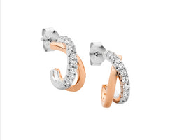 Ss 13Mm Cross Over Hoop Earrings, 1X Wh Cz 1X Rose Gold Plating