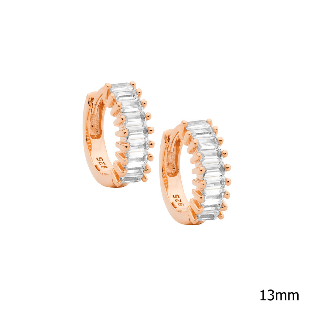 Ss Wh Cz Baguette Claw Set 13Mm Hoop Earrings W/ Rose Gold Plating