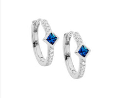 Ss Wh Cz 16Mm Hoop Earrings, Dk Blue Cz Princess Cut Bezel Set