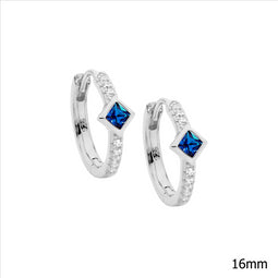 Ss Wh Cz 16Mm Hoop Earrings, Dk Blue Cz Princess Cut Bezel Set