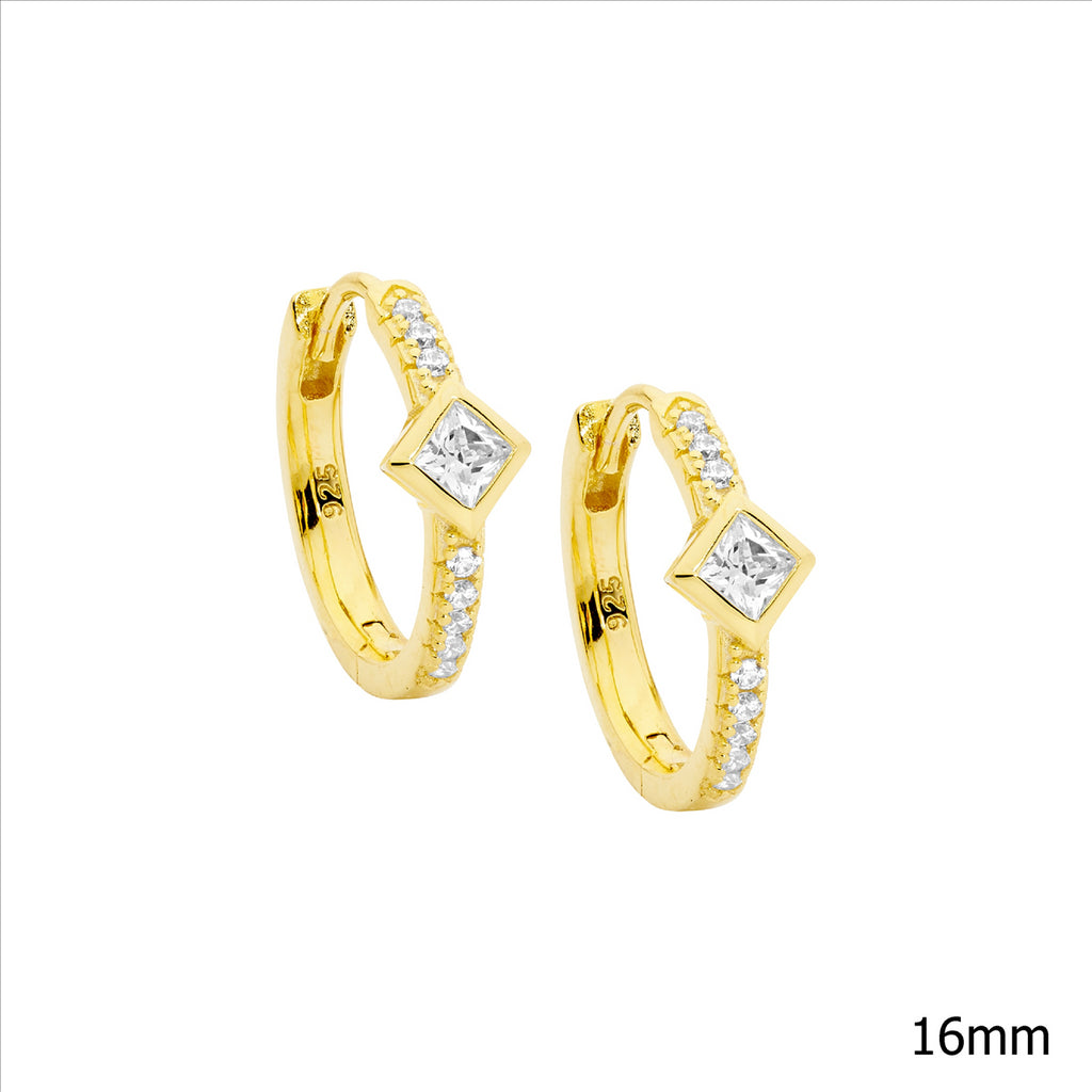 Ss Wh Cz 16Mm Hoop Earrings W/ Princess Cut Bezel Set, Gold Plating