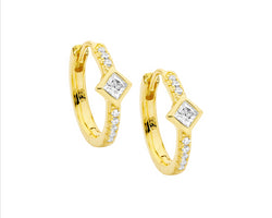 Ss Wh Cz 16Mm Hoop Earrings W/ Princess Cut Bezel Set, Gold Plating