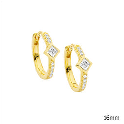 Ss Wh Cz 16Mm Hoop Earrings W/ Princess Cut Bezel Set, Gold Plating