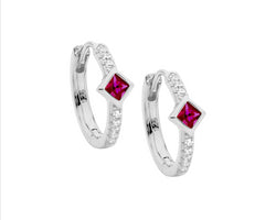 Ss Wh Cz 16Mm Hoop Earrings, Red Cz Princess Cut Bezel Set