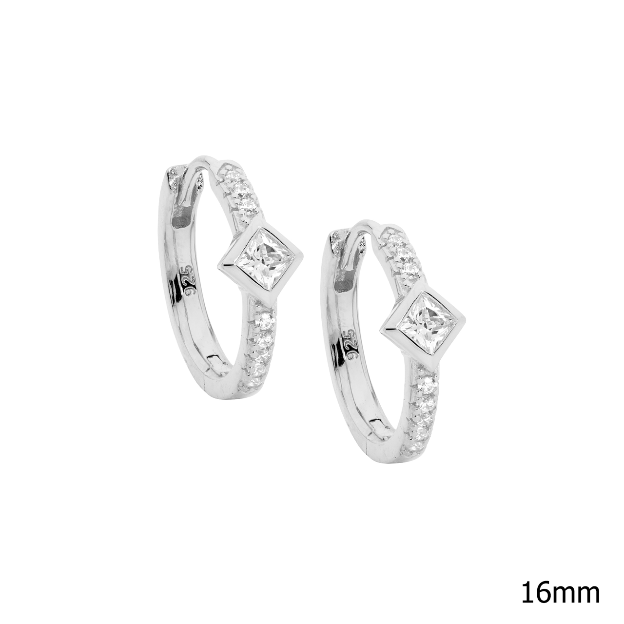 Ss Wh Cz 16Mm Hoop Earrings W/ Princess Cut Bezel Set