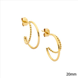 Stainless Steel 20Mm Dble Hoop Earrings W/ Twist, Gold Ip Plating