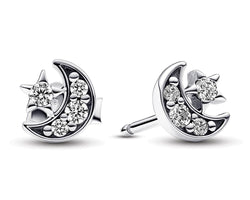 Crescent Moon Sterling Silver Stud Earrings With Clear Cubic Zirconia