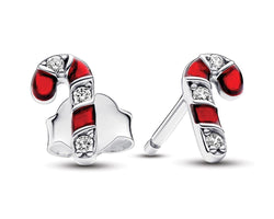 Candy Cane Sterling Silver Stud Earrings With Clear Cubic Zirconia And Red Enamel