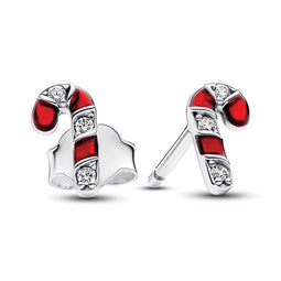 Candy Cane Sterling Silver Stud Earrings With Clear Cubic Zirconia And Red Enamel