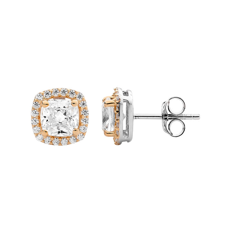 SS WH Cushion Cut CZ w/ Halo Earrings & Rose Gold Plating