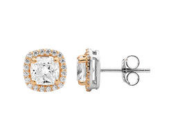 SS WH Cushion Cut CZ w/ Halo Earrings & Rose Gold Plating